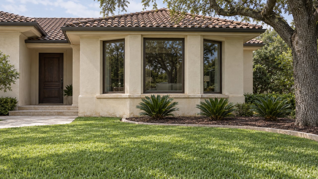 Ivory stucco home with bronze-framed bay windows, clay roof tiles, limestone entry steps, and a deep lawn beside a mature oak.