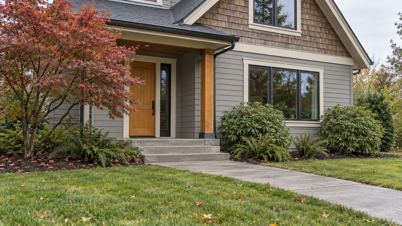 Gabled home with gray siding, cedar shingles, a sheltered wood entry door, and copper-red Japanese maple beside a deep green lawn.
