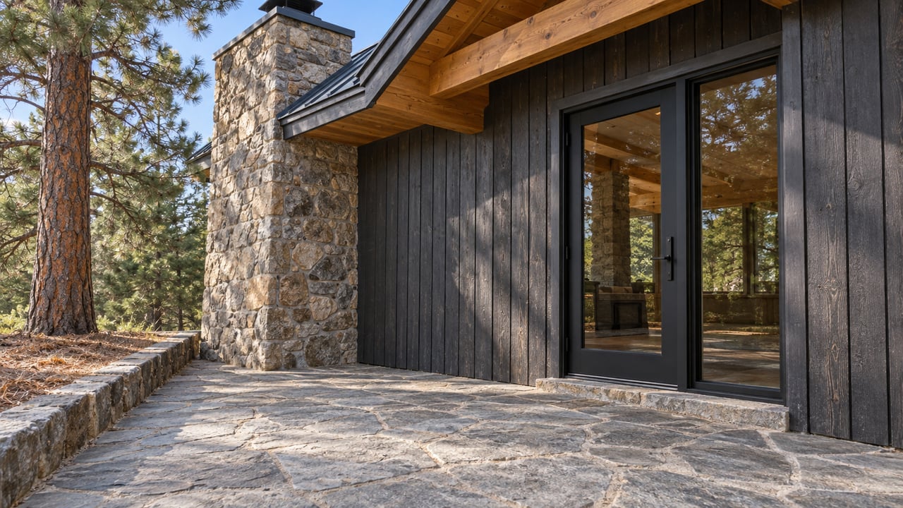 Timber cabin entry with closed glass door, fieldstone chimney, sandstone terrace, and a mature ponderosa pine.