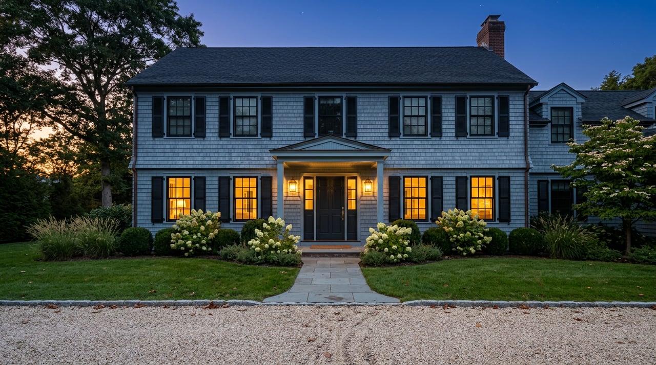 Blue-gray shingle home at dusk, with glowing windows, paired brass entry lanterns, and cream hydrangeas along the walk.