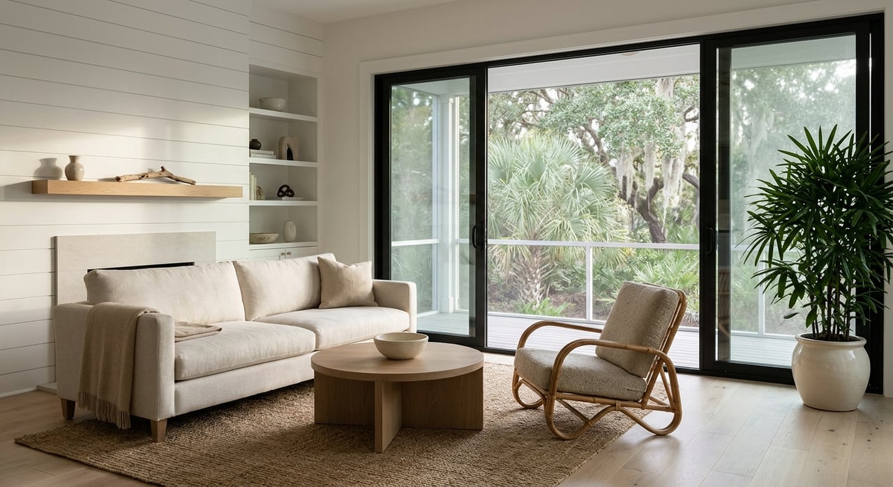 Living room with sofa, rattan chair, round coffee table, and palm beside screened porch doors.