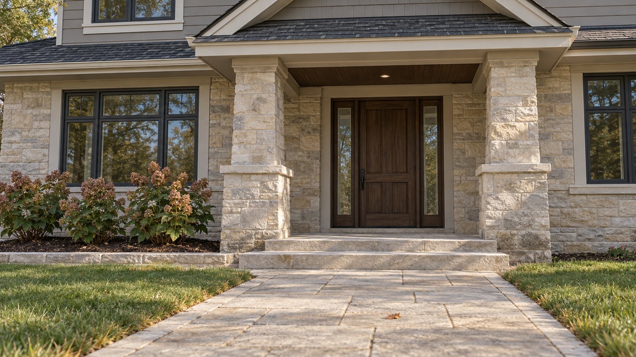 A covered stone entry with a dark wood door, paired glass sidelights, pale siding and autumn hydrangeas beside broad limestone steps.