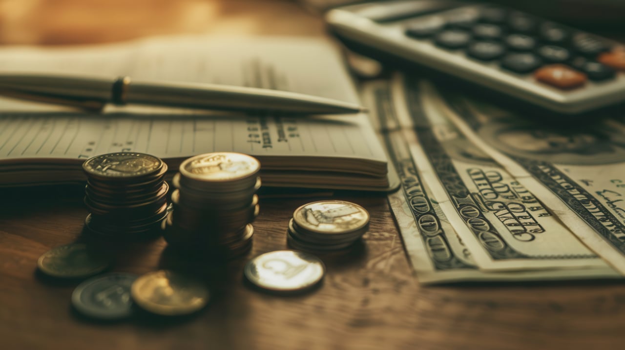 Coins stacked and scattered on a table with dollar bills, an open notebook, a pen, and a calculator in the background create a scene ideal for real estate agents leveraging career resources.