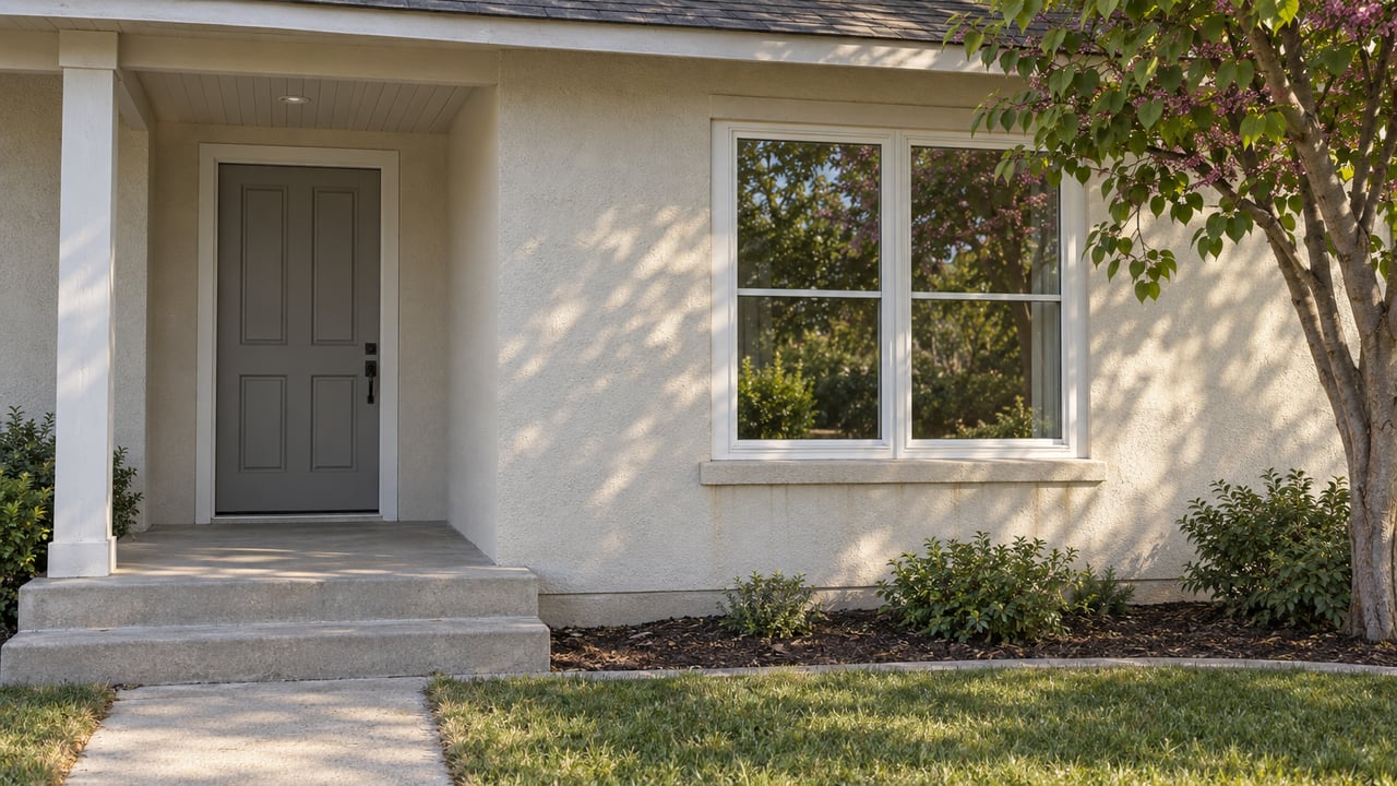 Light stucco detached home with a recessed front door, paired window, concrete porch steps and a redbud beside the lawn.