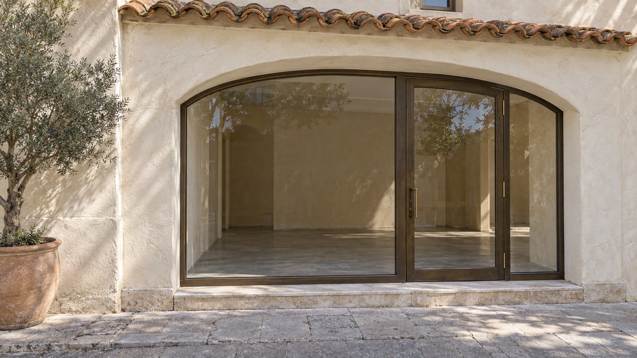 Vacant stucco storefront beneath a tiled eave, with an arched bronze-framed glass door and window.