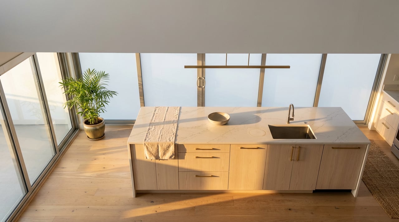 Kitchen island with honed quartz, white ash cabinets, a ceramic bowl, and a bamboo palm beside glass sliders.