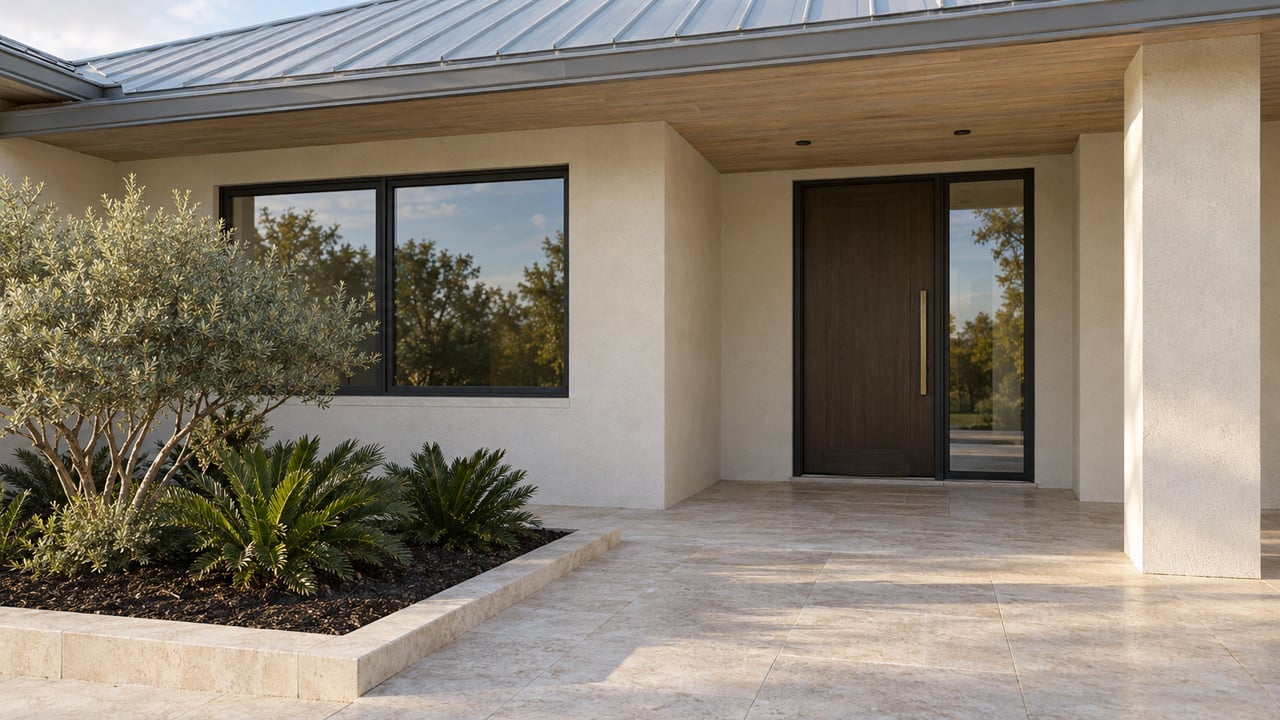 Sunlit covered entry with white stucco, a dark wood door, black-framed window and silver buttonwood beside a limestone approach.