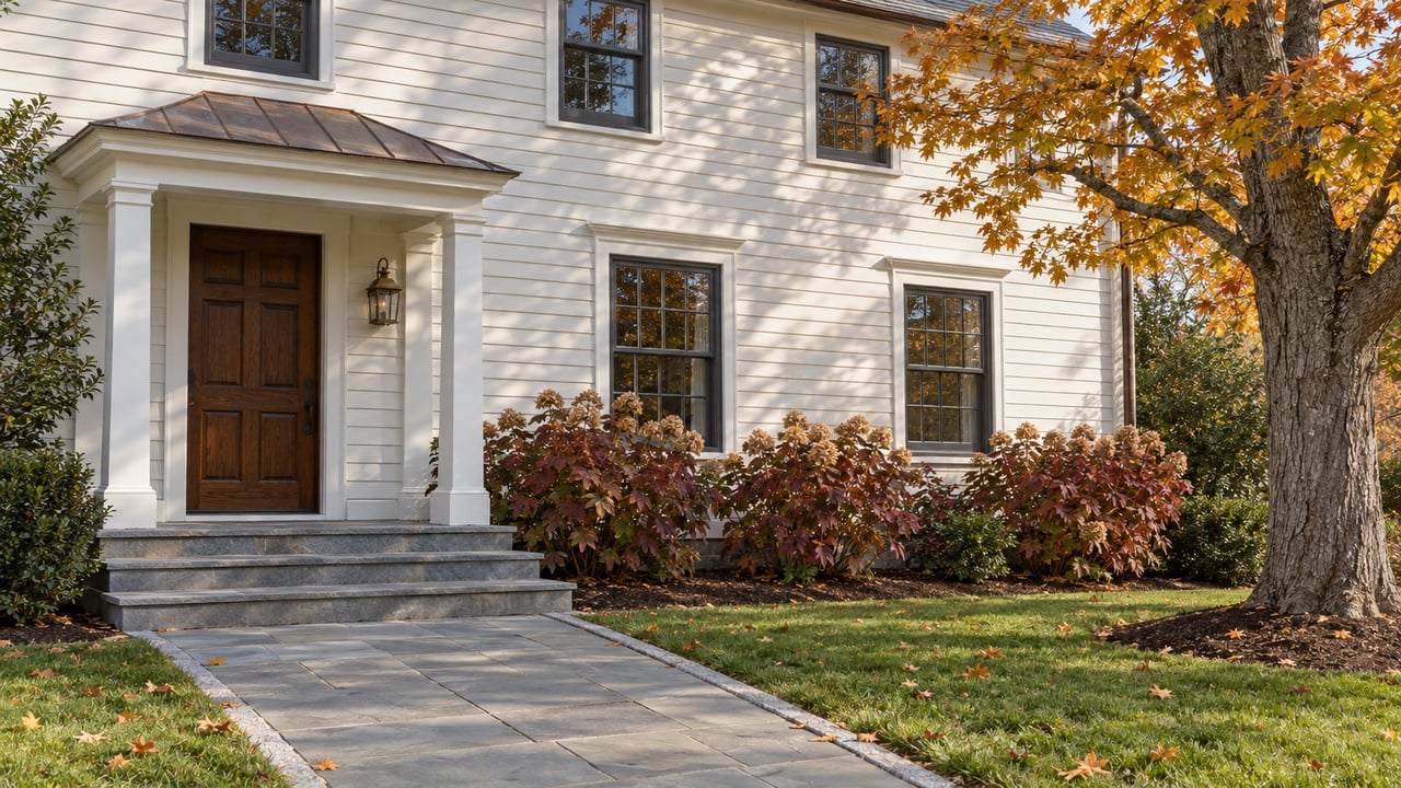 Ivory clapboard home with a copper-roofed entry, bluestone walk, and mature maple in autumn foliage.