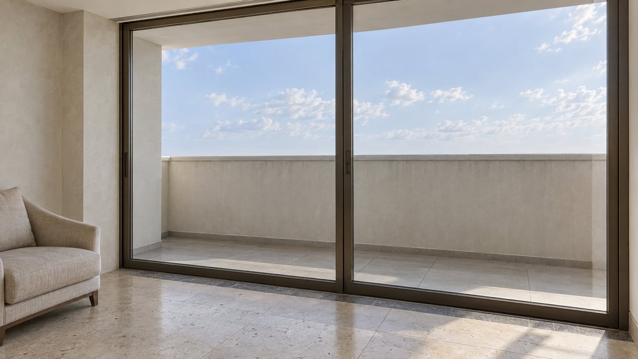 Closed bronze-framed glass doors separate a limestone-floored living room from a shallow balcony with a stucco parapet.