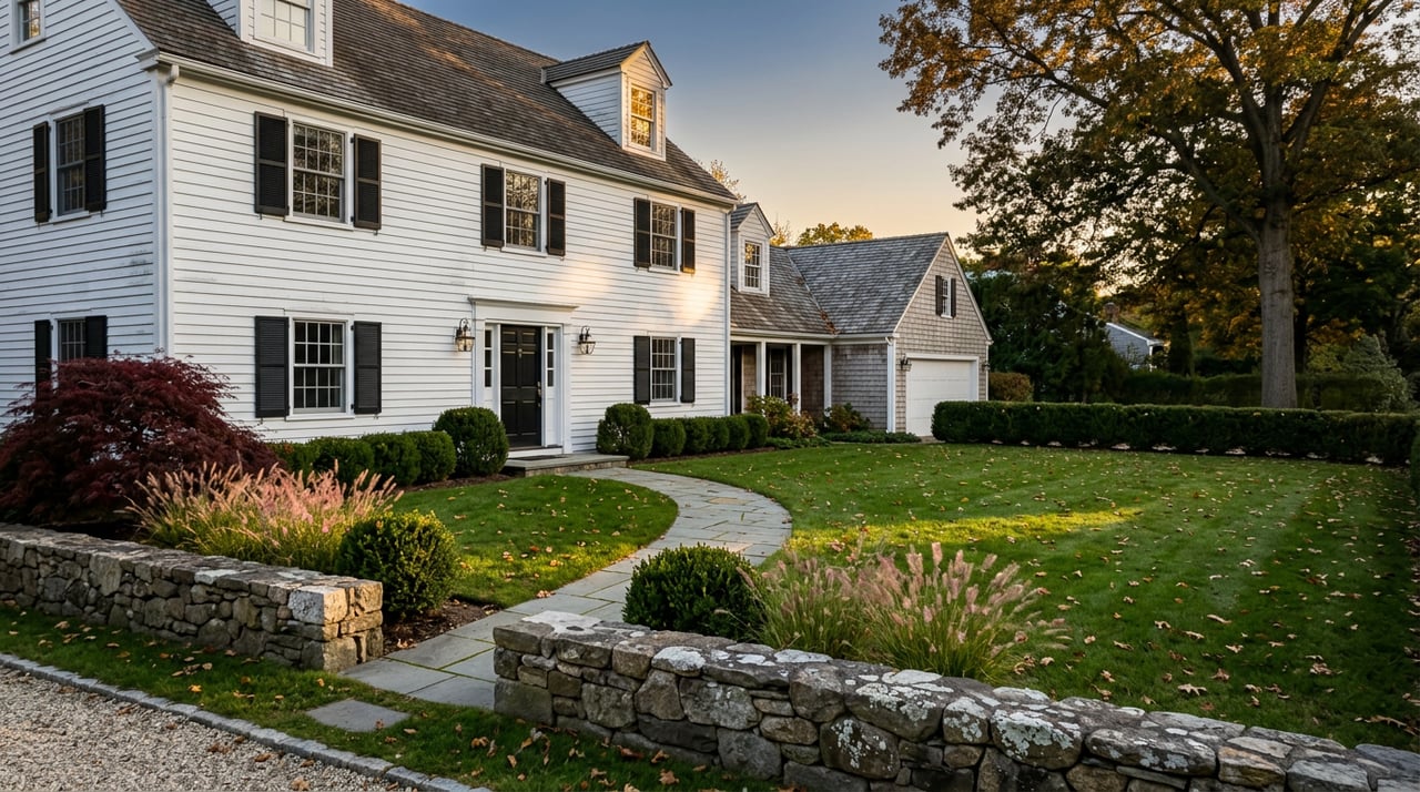 White clapboard Colonial with black shutters, a broad leaf-strewn lawn, and a fieldstone wall in golden light.