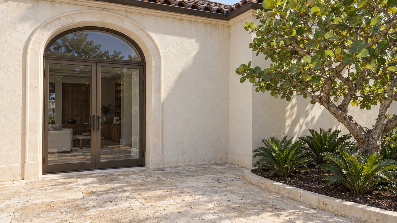 Cream stucco home with an arched glazed entry, dark barrel-tile roof, pale limestone terrace and sculptural sea grape planting.