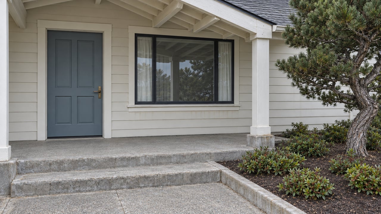 Cream-sided home's sheltered entry with a blue-gray door, concrete steps and wind-shaped shore pine.