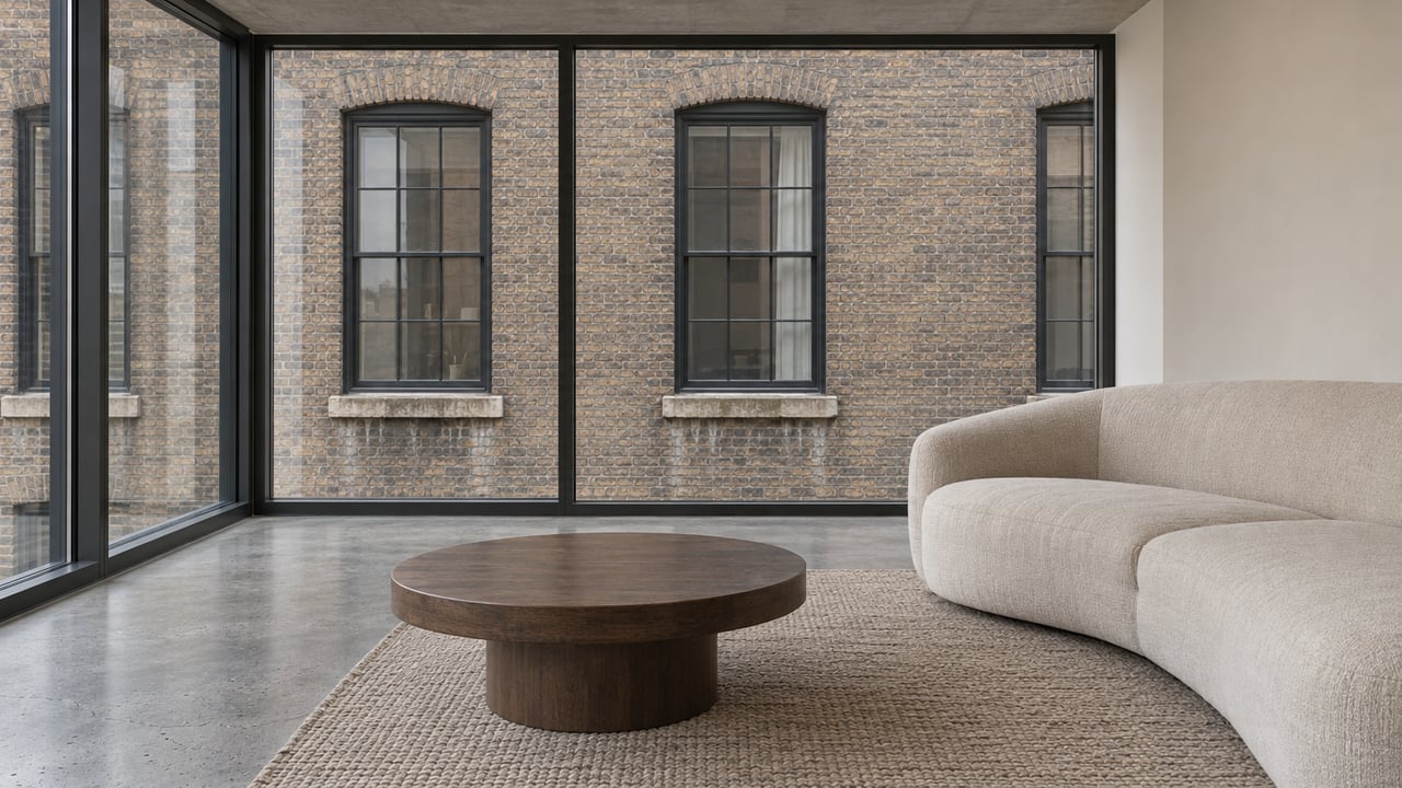 Corner-window condominium living room with a cream sofa, concrete floor and views of weathered brick and steel-framed windows.