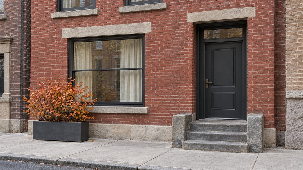 Restored red brick rowhouse entrance with worn bluestone steps, dark framed windows and a copper-leaved dwarf shrub in a zinc planter.