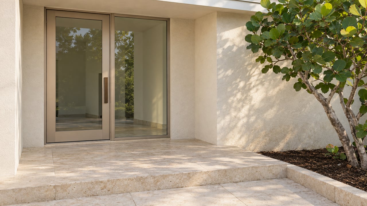 Cream stucco home entry with a closed glass door, pale limestone steps and a sculptural sea-grape tree.