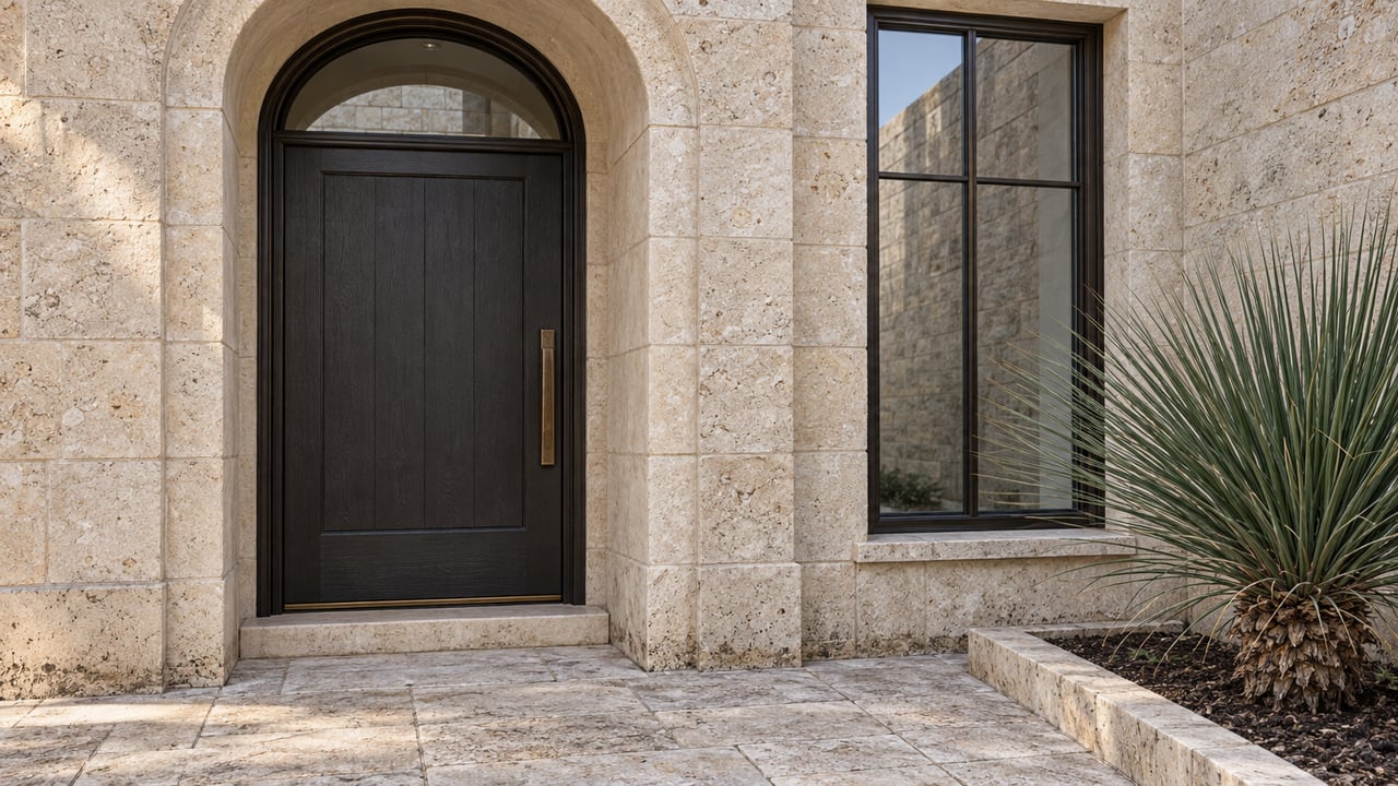 Arched limestone entrance with a dark wood door, bronze-framed window and one sculptural grass tree beside a stone-paved approach.