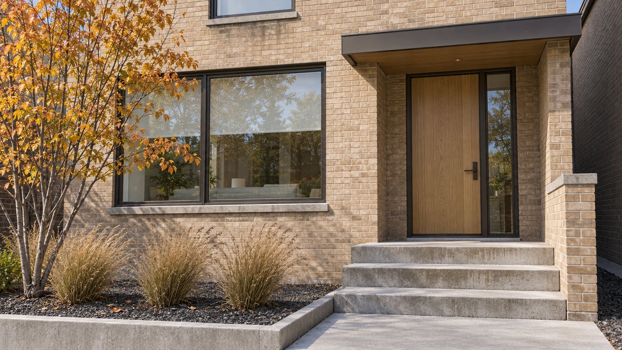 Buff-brick home entrance with a recessed oak door, bronze-framed windows, concrete steps and copper-yellow serviceberry foliage.