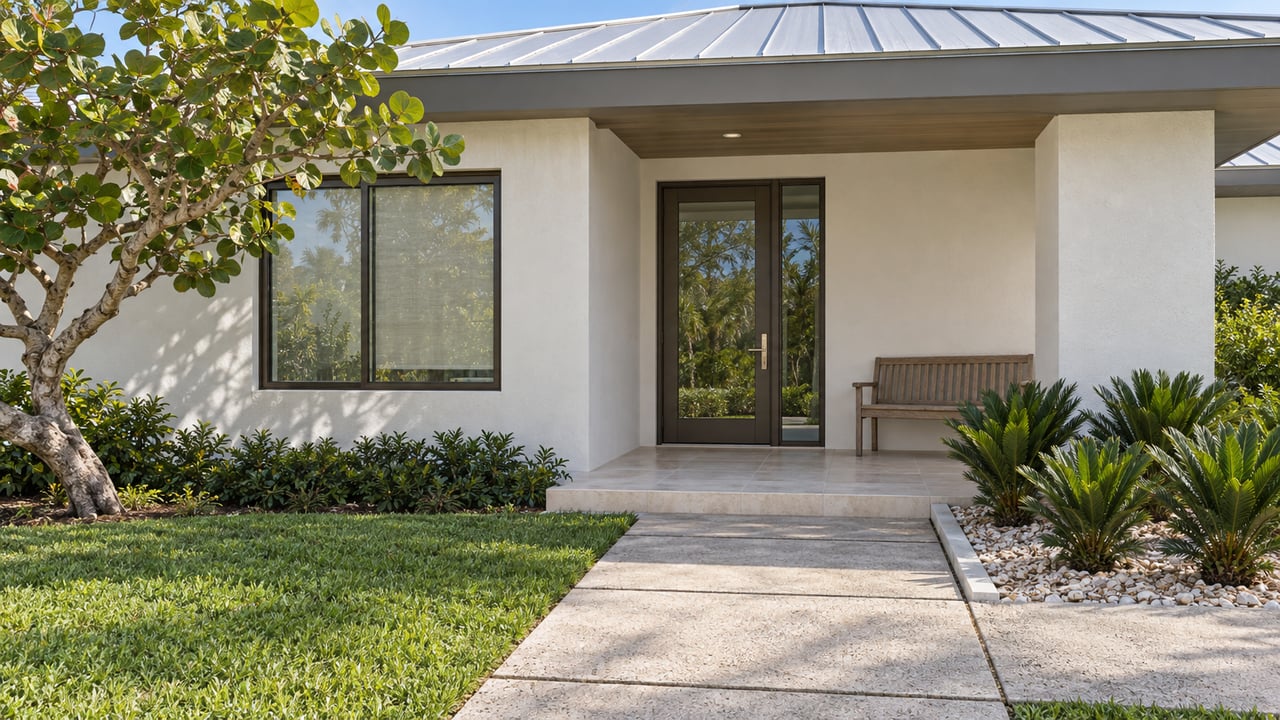 Sunlit white stucco home with a silver metal roof, shaded glazed entry, teak bench and a pale paver approach bordered by sea grape and coontie.