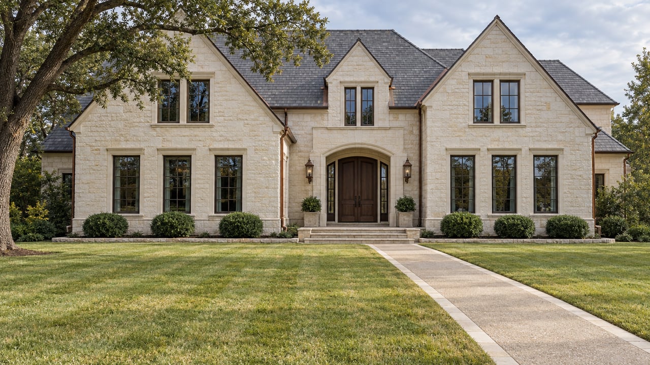 Limestone estate with slate gables, bronze-framed windows and an arched oak entrance beyond a deep lawn and stone-edged approach.