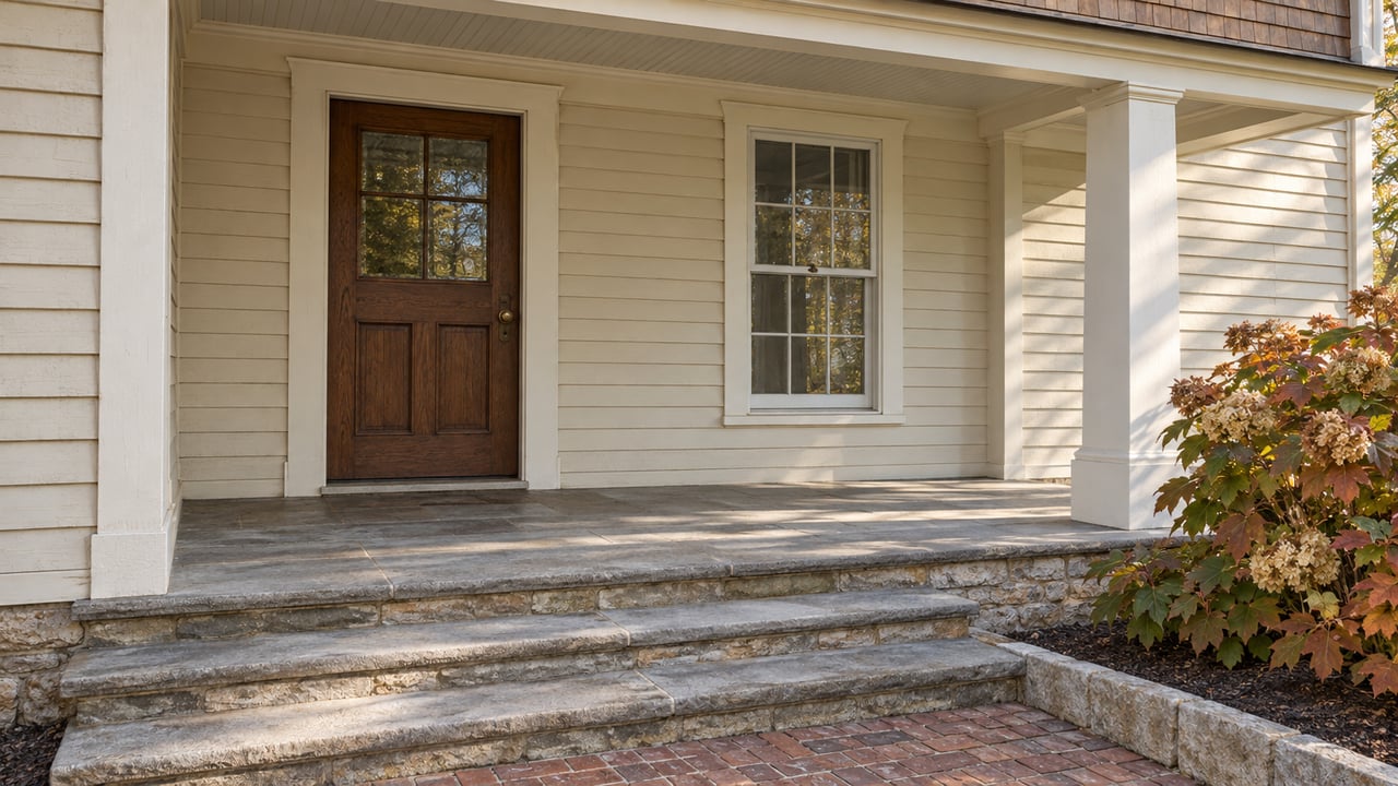 An ivory clapboard home with a dark oak front door, tall sash window and worn sandstone porch steps beside autumn oakleaf hydrangea.