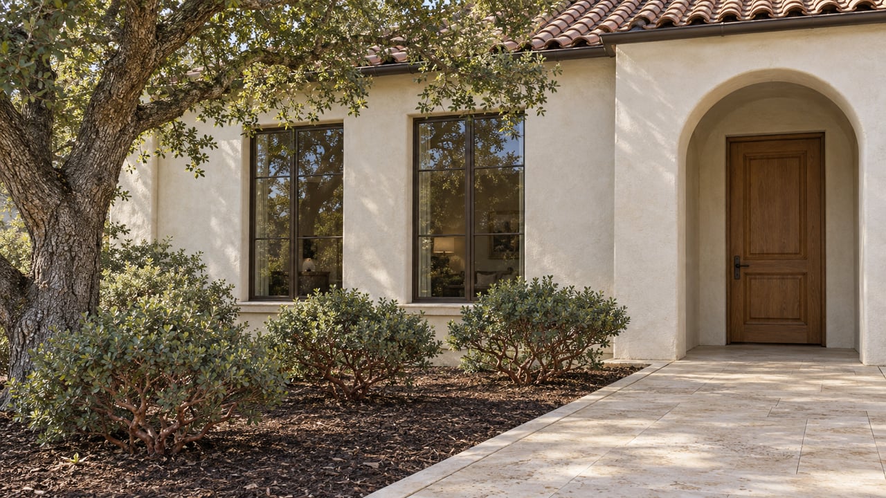 Clay-tile roof and warm stucco entry with an oak door, bronze-framed windows, limestone approach and mature live oak.