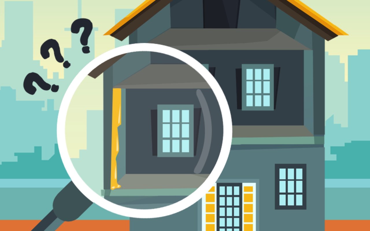 Illustrated house inspected through a magnifying glass, with question marks beside it.