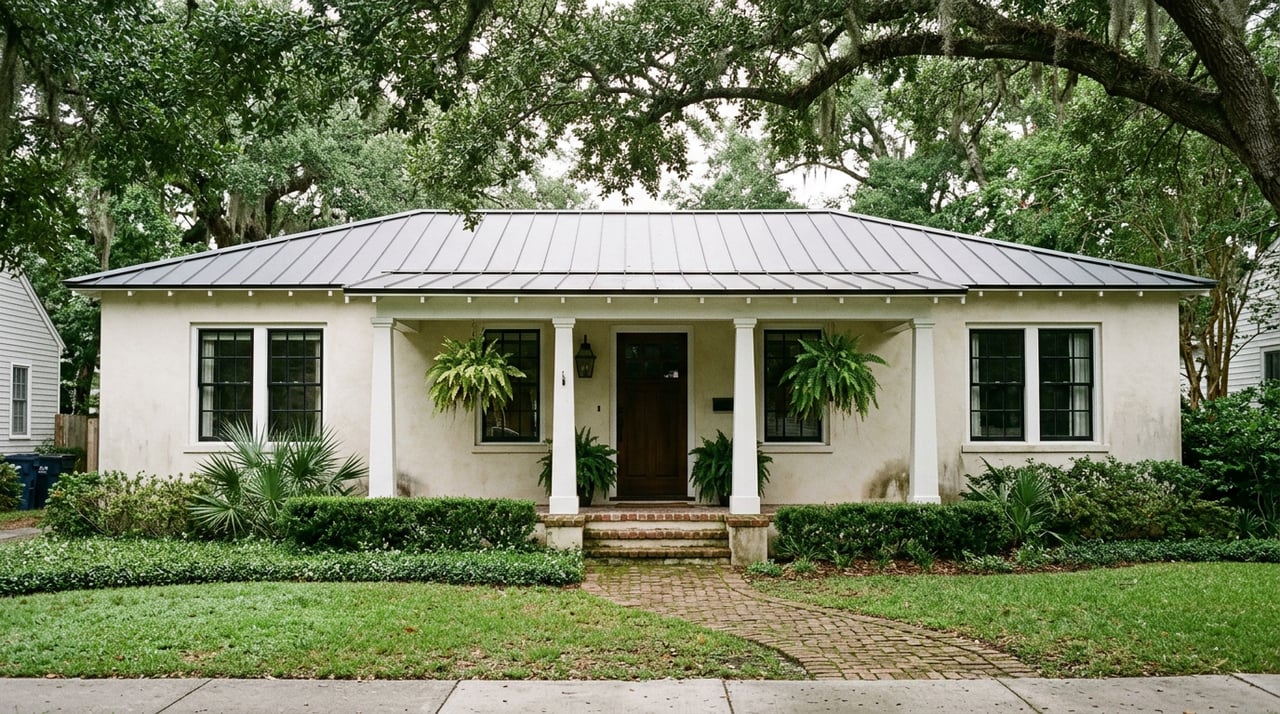 Pale stucco house beneath a live oak canopy, with a covered porch and curved brick walkway.