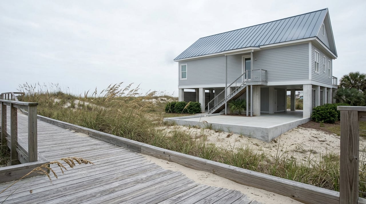 Elevated dove-gray coastal cottage on concrete pilings, viewed across a dune boardwalk with sea oats and a palm.