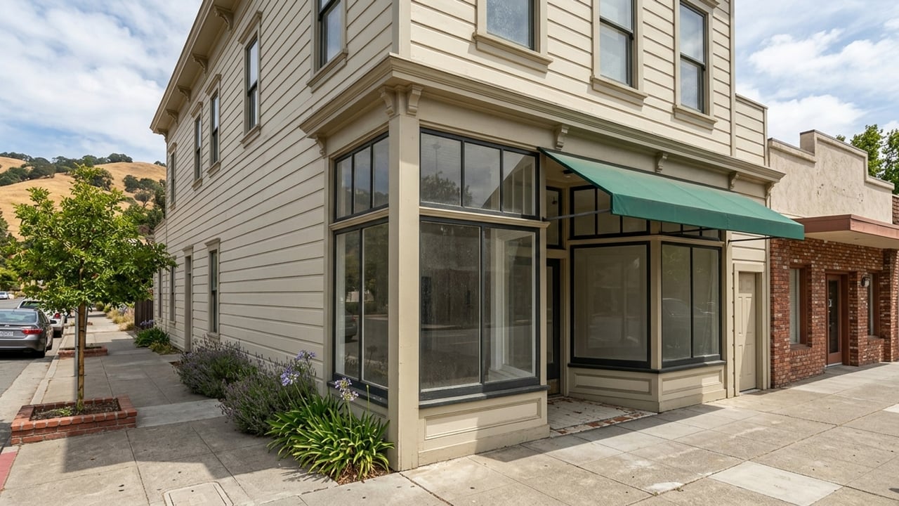 Two-story cream clapboard storefront with large windows and a teal awning.