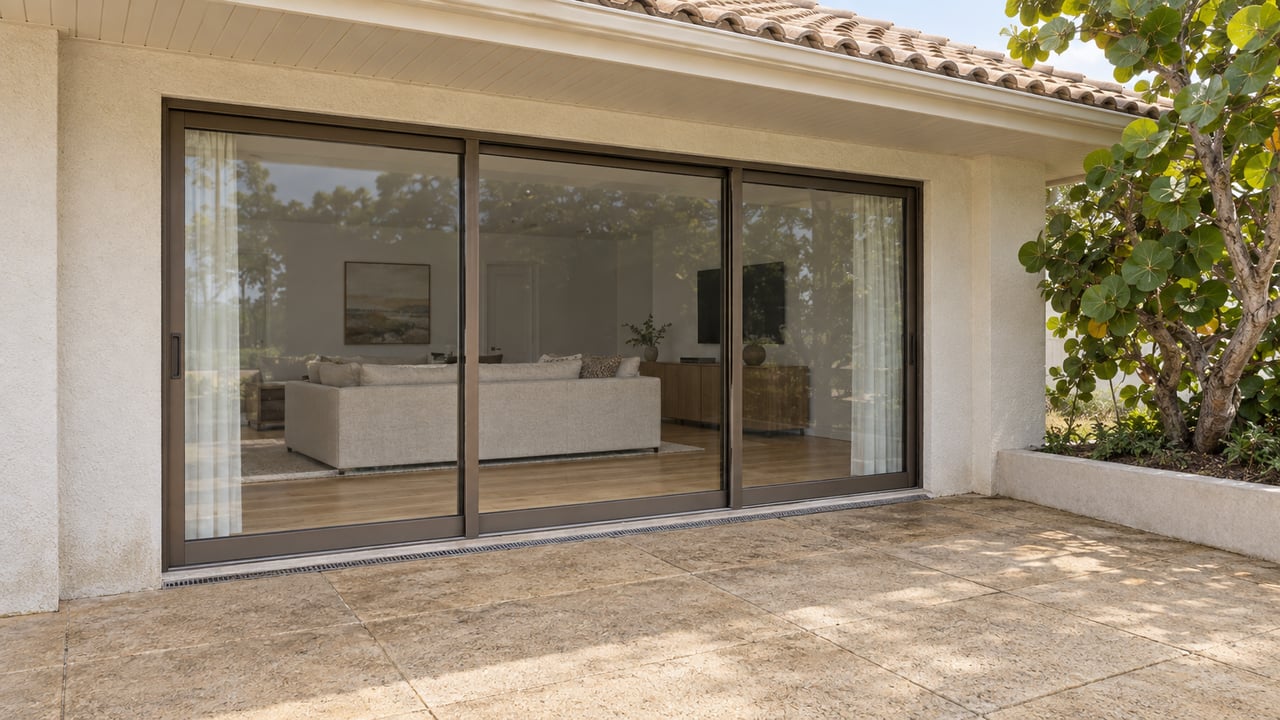 Covered terrace with pale stucco, bronze-framed glass doors, beige pavers and a single broad-leaved sea grape tree beside an enclosed living room.