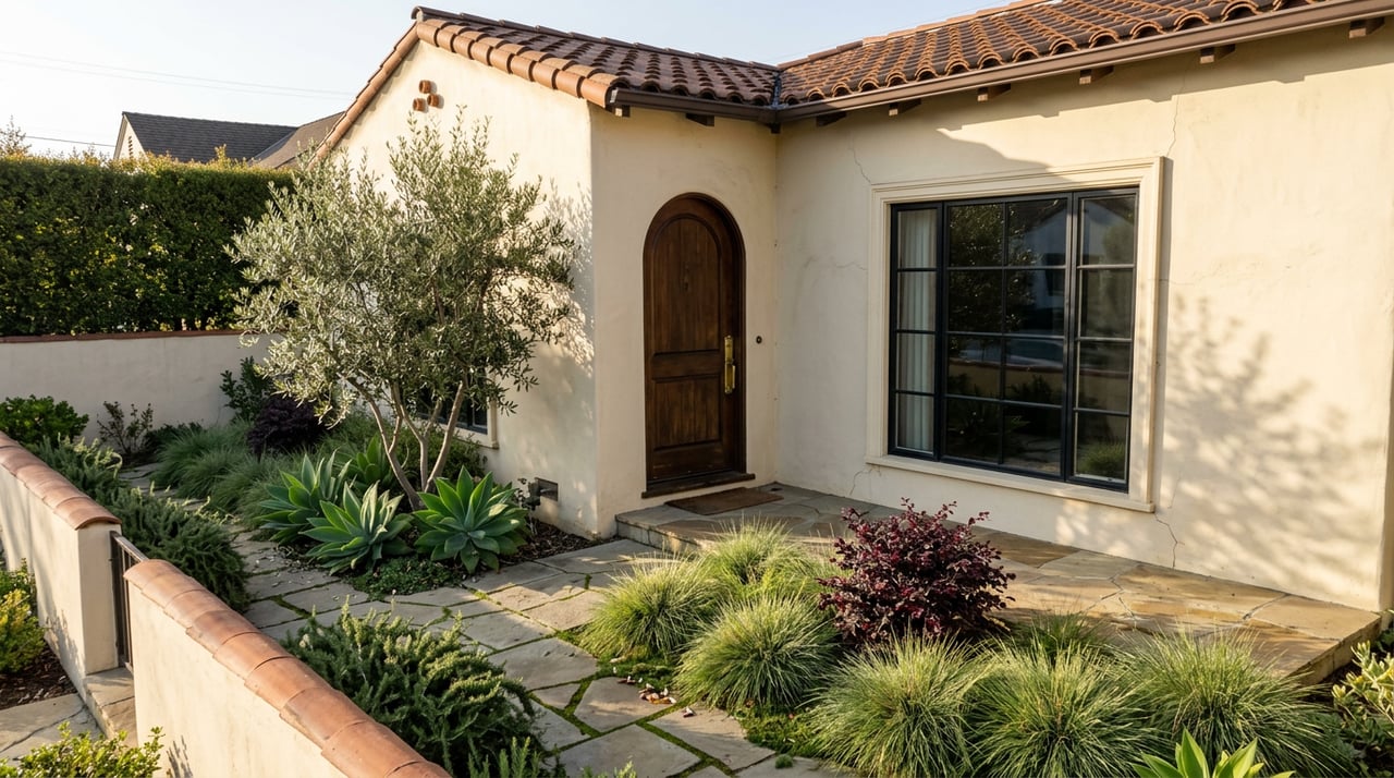 Stucco home with a clay-tile roof, arched wood doorway, olive tree, agave, and flagstone path.