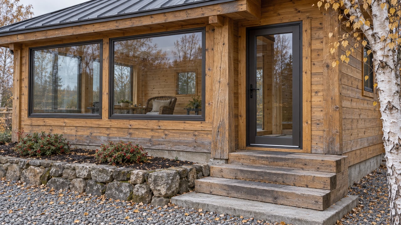Weathered timber home with an enclosed sunroom, glazed entry, broad wooden steps, and a white-barked birch beside a stone-edged planting bed.