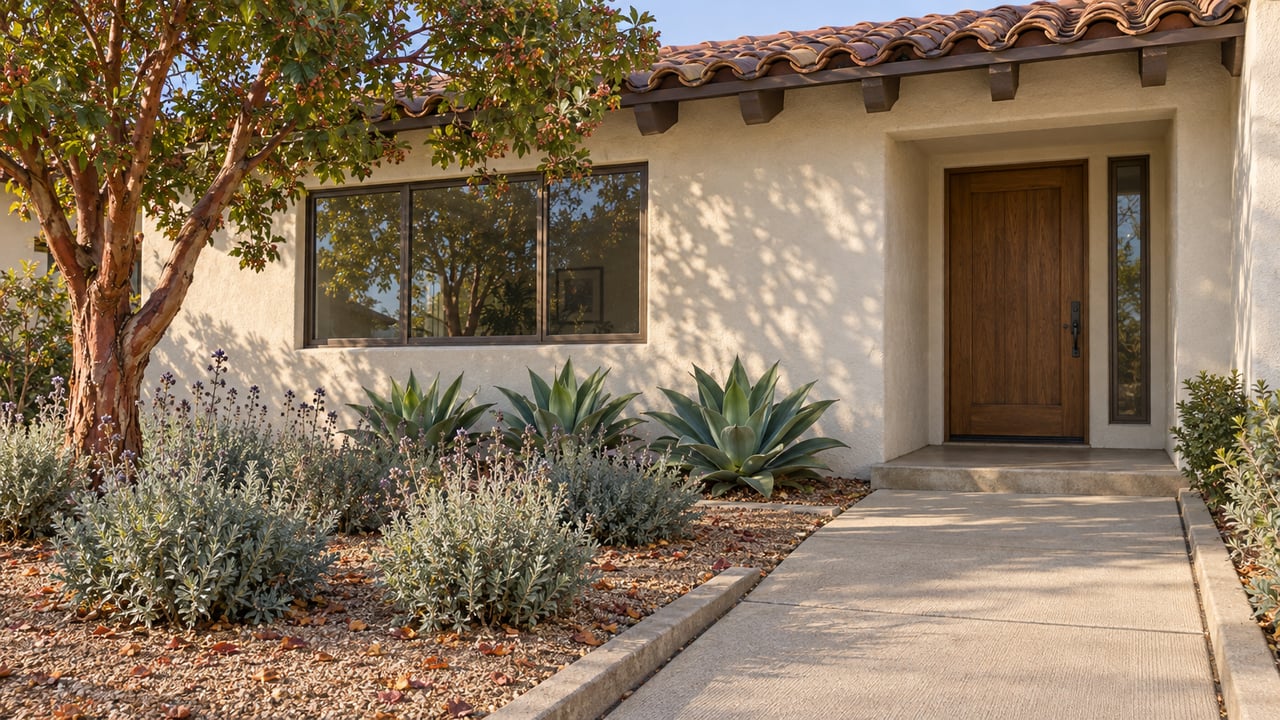 Morning light crosses a garden path toward an ivory stucco home with clay roof tiles, an oak entry door and sculptural drought-adapted planting.