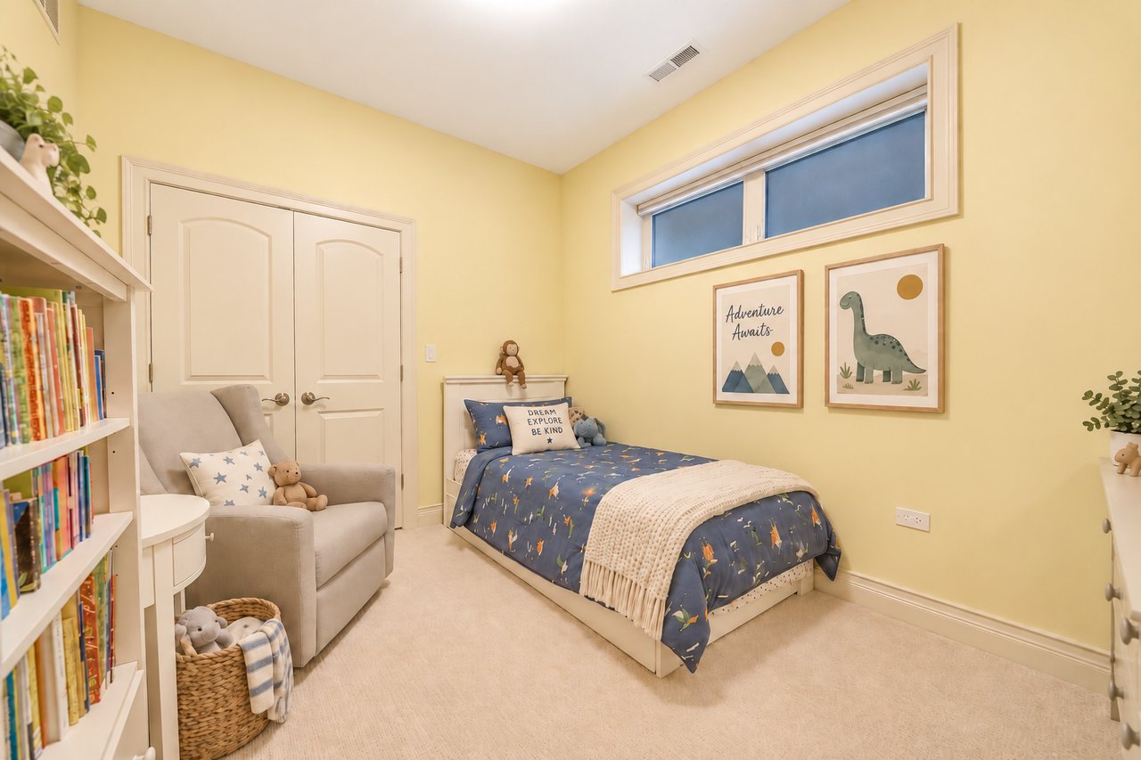 Bedroom with built-in bookshelves