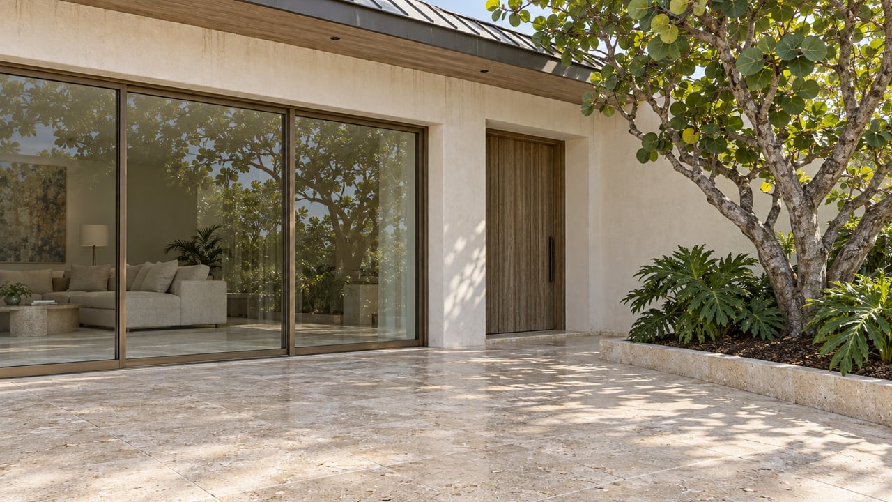 Sunlit limestone terrace beside an ivory stucco home with bronze-framed glass doors, a teak entry, and a sculptural sea grape tree.