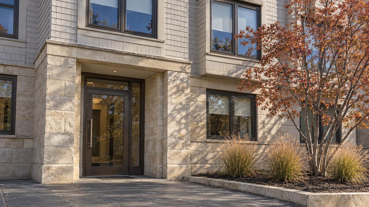 Light shingled condominium facade above a limestone entrance, dark bronze windows and autumn serviceberry planting.