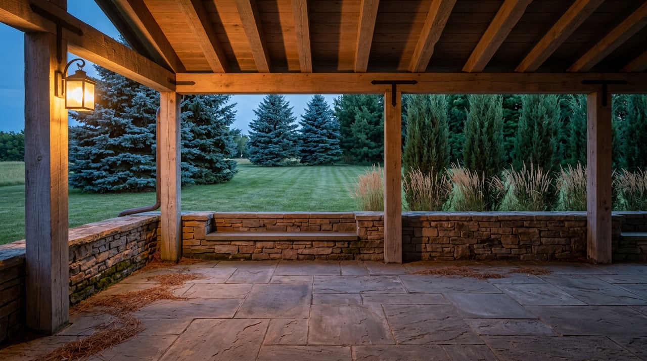 Covered stone terrace with timber rafters, a glowing iron lantern, and lawn bordered by spruce and juniper.