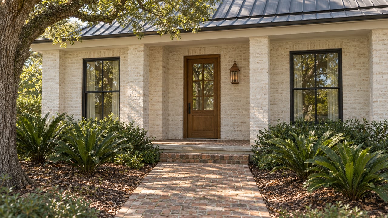 Limewashed brick house with a recessed oak door, brick walkway, and live oak canopy.