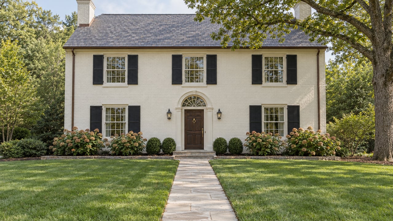 Ivory painted-brick home with black shutters, a limestone entry walk, deep green lawn and a mature white oak.