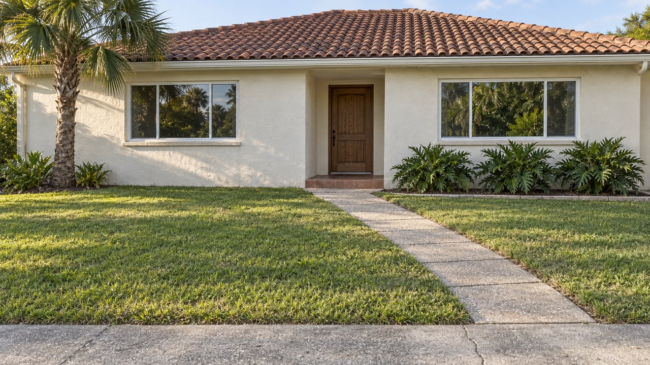 A low cream stucco home with a faded red tile roof, broad front lawn, pale paved approach and a single fan palm.