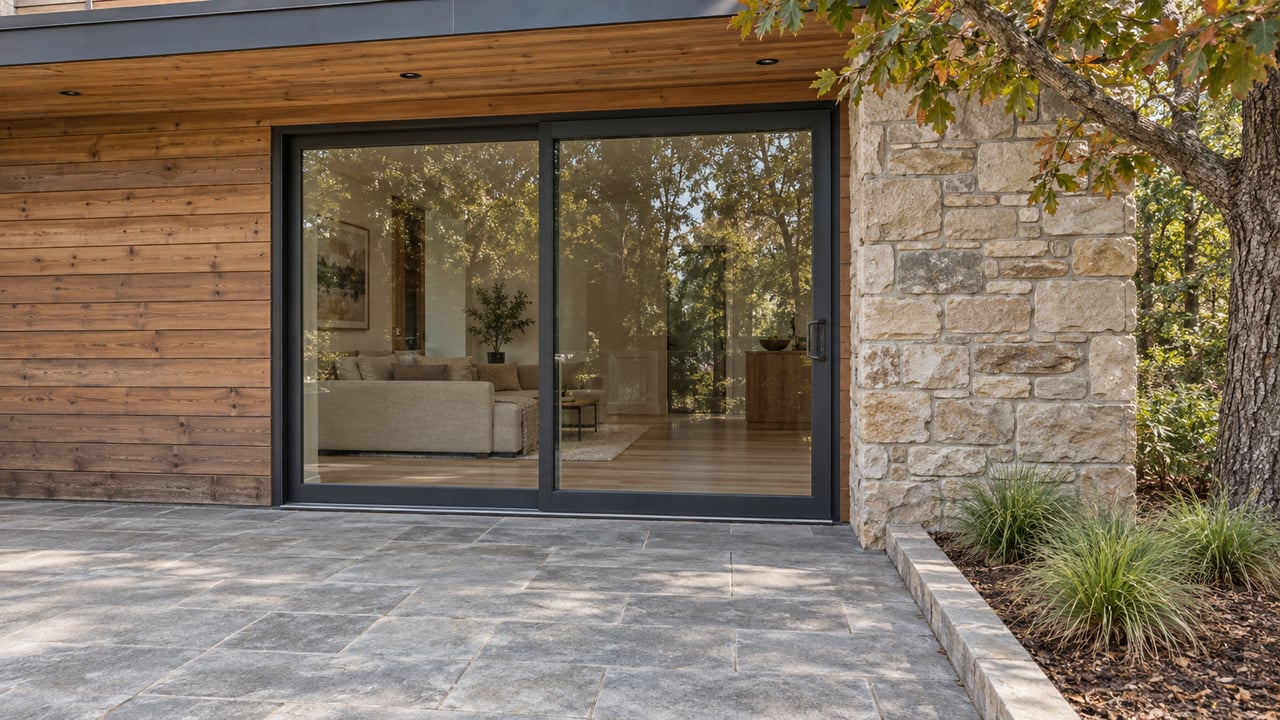 Cedar-clad home's closed sliding glass entrance beside a limestone pier and stone terrace, with an oak and sedge planting at the edge.