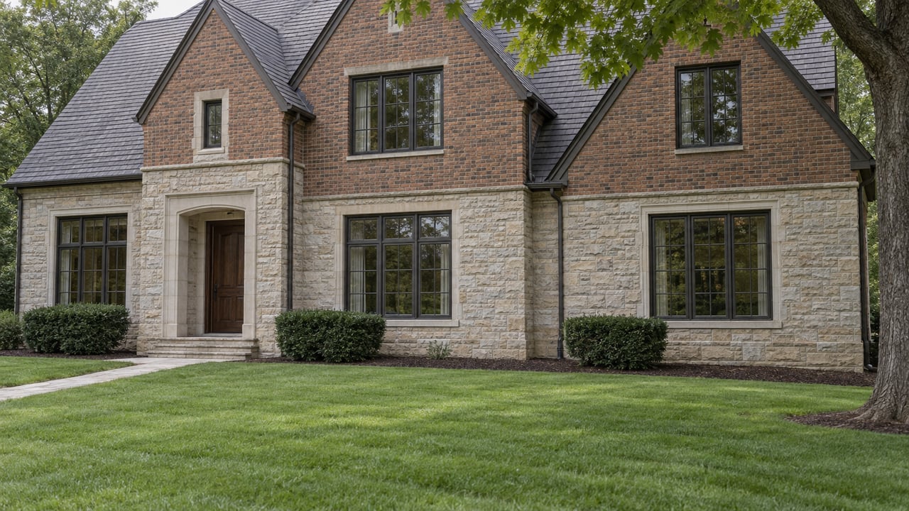 Large two-story limestone and brick house beyond a sloping lawn, with steep gables and a pale walkway.