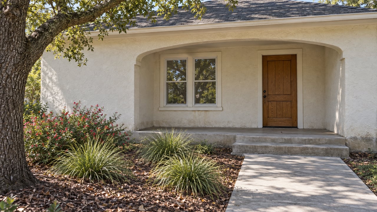 Cream stucco house with a shaded arched porch, closed oak door and sash window beside an oak-shaded planted garden.