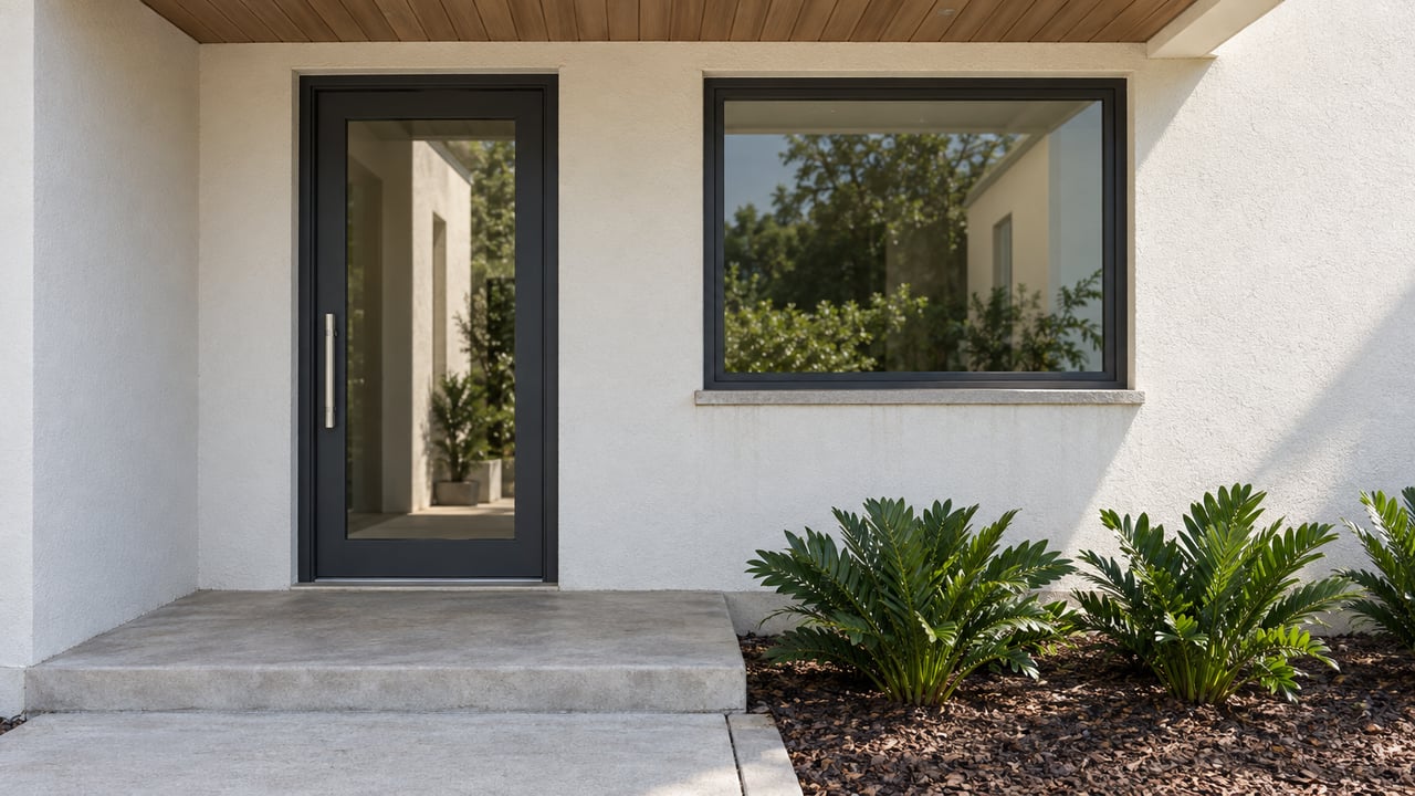Sunlit white stucco home entry with charcoal-framed glazing, a concrete porch and three coontie plants in a bordered bed.