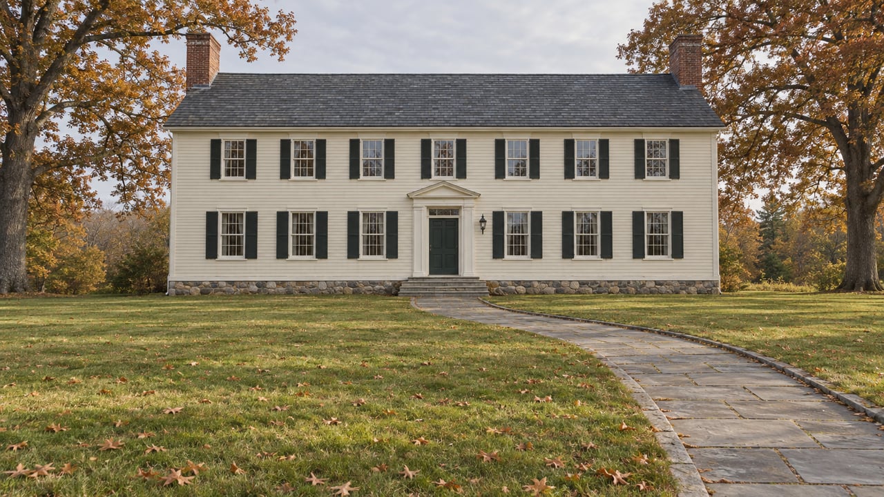 Ivory clapboard estate with dark shutters and brick chimneys beyond a broad autumn lawn, framed by two mature white oaks.