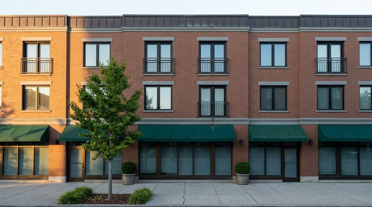 Three-story red-brown brick building with green storefront awnings, upper-floor balconies, and a ginkgo street tree.