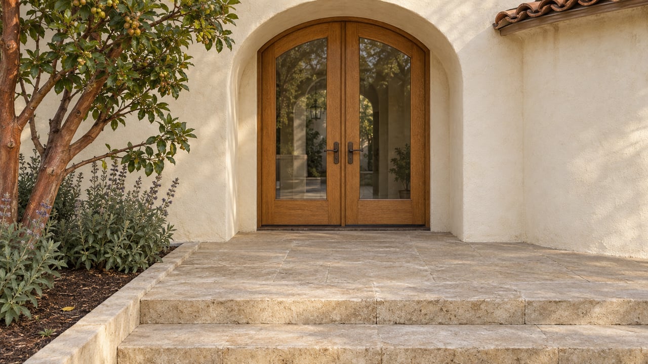 An ivory stucco entry with paired oak and glass doors, a clay tile roof edge, limestone steps and a sculptural strawberry tree.