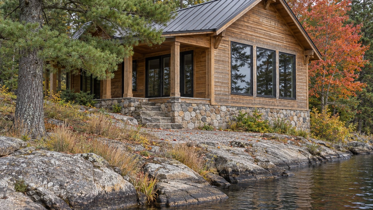 Weathered cedar lakeside cabin with black-framed windows, stone foundation, and a pine beside its rocky shore.