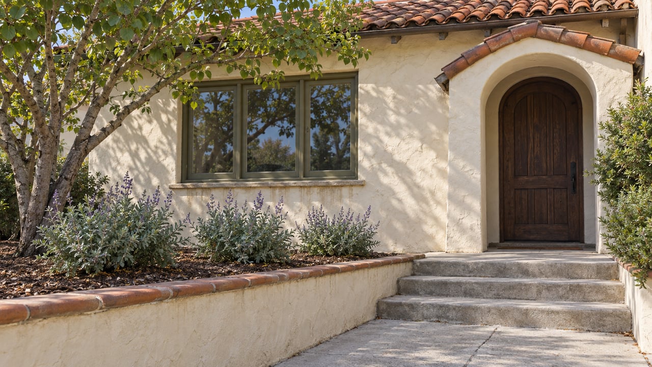 Cream stucco home with a clay-tile roof, recessed arched entry, worn concrete steps, and a planted raised terrace.
