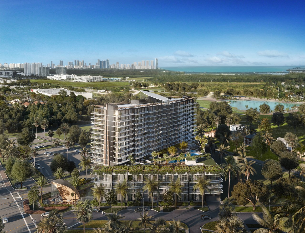 NEXO Residences condominium rendering with landscaped grounds, a pool, and ocean views.